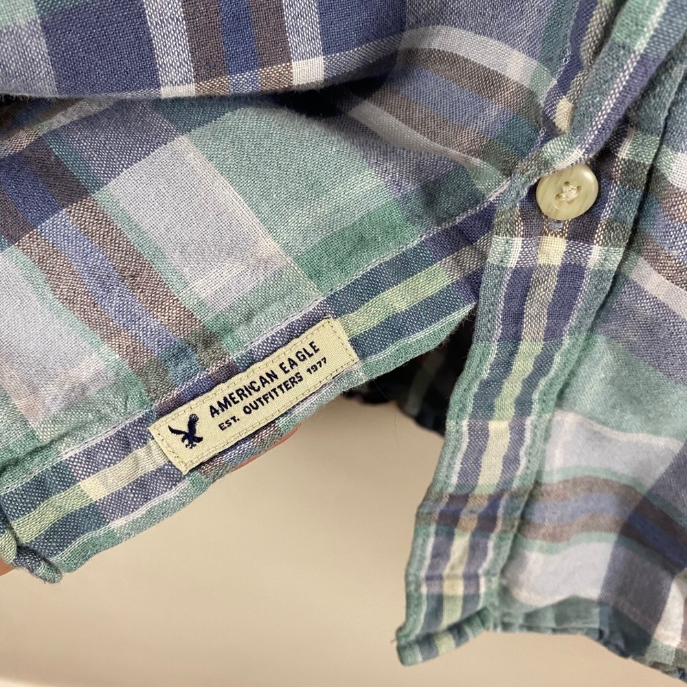 American Eagle Plaid Button Up Mens Medium Cotton Linen Blue Green Flannel - Picture 8 of 8